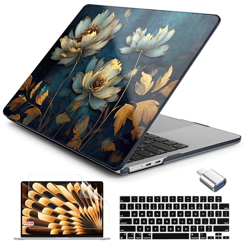 Batianda LumiArt Case for MacBook Air 13.6" M2-M5 Chip, Blue Gold Lotus | 4-in-1 set with soft blue gold lotus flowers design, lightweight slim hard shell protection for women, artists office users - color: Blooming Flowers