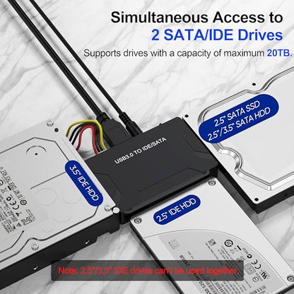 Hard Drive Reader USB 3.0 & Type C to SATA IDE Adapter, Internal Data Transfer Recovery Converter Kit with 12V/2A Power for 2.5"/3.5" SATA/IDE HDD SSD Hard Disk Internal Blu-ray Drive, up to 20TB