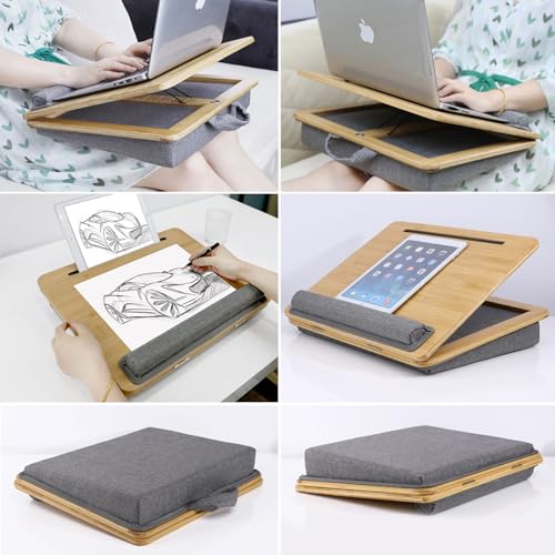 SUMISKY Adjustable Lap Desk-Portable Laptop Stand with Cushion, Bamboo Platform with Phone Holder, Wrist Pad Fits up to 15.6 Inch Laptops - size: M(16.5"x13.4" Height-Adjustable)