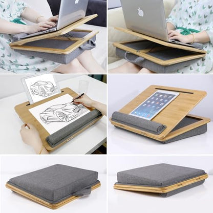 SUMISKY Adjustable Lap Desk-Portable Laptop Stand with Cushion, Bamboo Platform with Phone Holder, Wrist Pad Fits up to 15.6 Inch Laptops - size: M(16.5"x13.4" Height-Adjustable)
