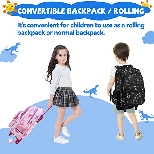 VASCHY Rolling Backpack Kids, 17in Water Resistant Large Schoolbag Carry-on Travel Trip Bag with Wheels for Boys Rockets