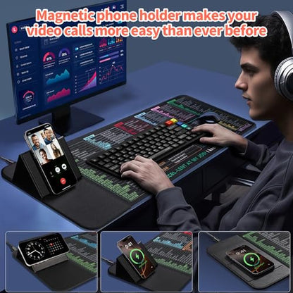 Wireless Charging Mouse Pad with Phone Holder Gaming Mousepad Desk Mat 15W Qi Fast Charging Pad Ultra-Smooth Surface Non-Slip Extended Premium Black Computer Keyboard Mat for MacBook PC Laptop - color: Shortcut Keys
