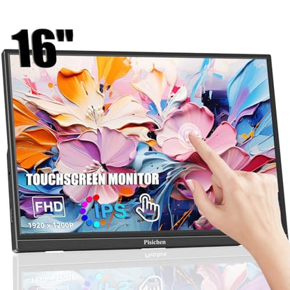 Portable Monitor Touchscreen 16 Inch FHD 1920x1200P HDMI USBC Travel Touch Screen Monitor IPS Display for PC Laptop Computer Ras Pi, 300cd/㎡, Built-in Speakers