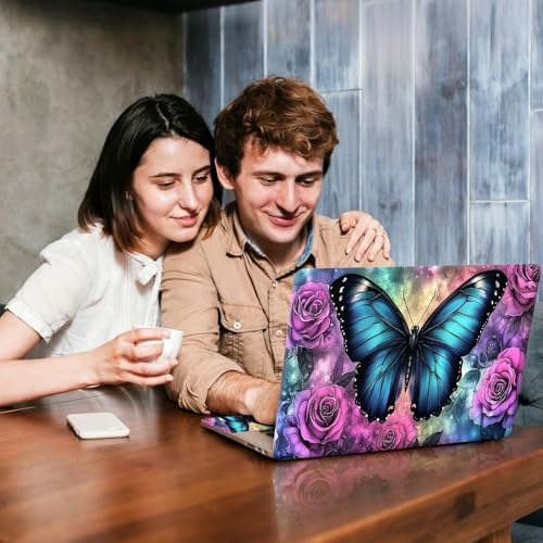 Universal Laptop Skin Sticker Decal, Compatible with MacBook HP Dell Lenovo 12"-15.6", Reusable Vinyl Notebook Cover 3PCS Set, High-Recognition Film-Blue Butterfly with Pink Rose - color: Blue Butterfly with Pink Rose