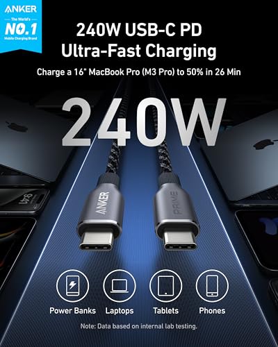 Anker Prime USB C to USB C Cable, 240W Fast Charging Durable Cable (3 ft) | USB 2.0 Upcycled Braided Nylon, 100-Year Bend Durability for iPhone 17 / 17 Pro / 17 Pro Max, MacBook, Galaxy, and More - size: 3FT