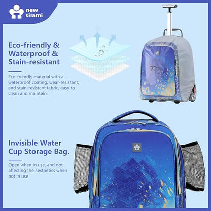 NEW TILAMI 20 Inch Rolling Backpack for School Stair-Climbing Big Wheel | Teen Boys Girls Carry-on Suitcase Large Organizer Compartment 15.6 Laptop Sleeve Adjustable Handle Roller Travel Bag College - color: Chill Blue Print
