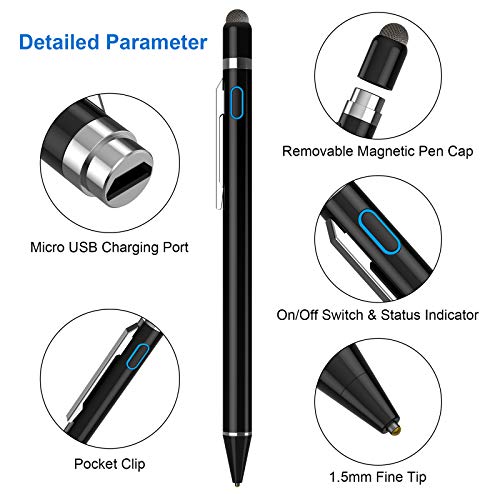 Stylus Pen for iPad & Apple Pencil Alternative, NTHJOYS Fine Point Active Stylus for Touch Screens, Universal Stylus for iPhone Android Tablet, Precise Writing & Drawing, USB Rechargeable - color: Black