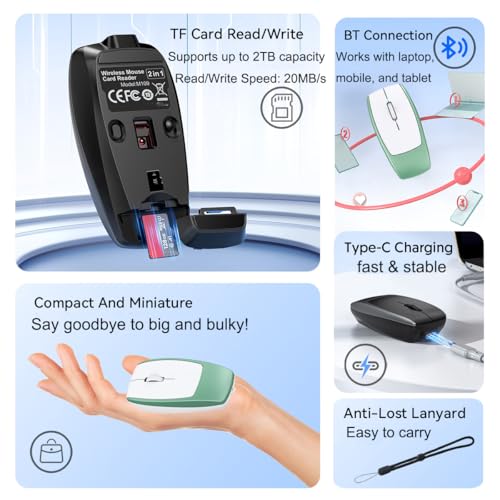 Wireless Mouse Mini Small Finger Bluetooth Mouse with TF Card Reader,Silent Pocket Portable Handheld Tiny Compact USB Travel Optical Mice for PC Laptop Computer Macbook Tablet Kids Women Men Gift - color: Green