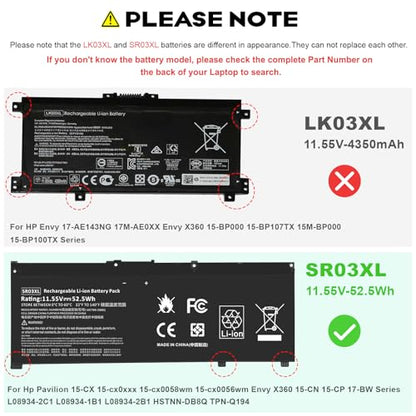 52Wh 11.55V SR03XL SR04XL TPN-Q194 Battery for Hp Pavilion 15-CX Envy X360 15-CN 15-CP 17-BW L08855-855 L08934-2C1 917678-2B1 L08934-1B1 L08934-2B1 HSTNN-IB8L HSTNN-DB8Q SR03052XL TPN-C133 TPN-C134 - size: 9.53*3.39*0.31inch