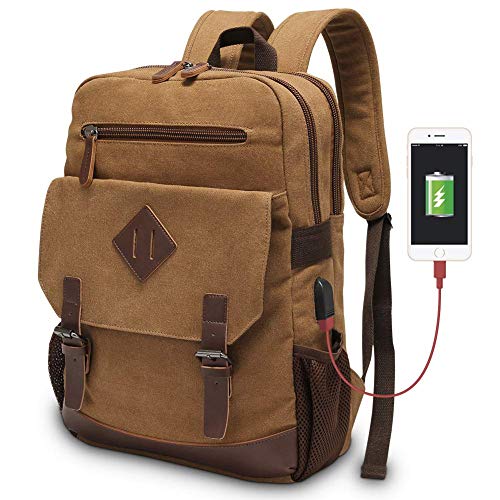 Vintage Canvas Backpack with USB Charging Port, Bag Fits 15.6 Inch Laptop | Canvas backpack with USB charging port, bag for daily commuting and short-distance travel - color: Brown