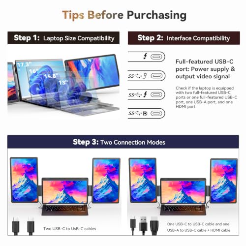Laptop Screen Extender 15.6" Detachable Portable Monitor for Windows | Triple Screen Laptop Monitor Extender for 13-17.3" MacBook (excl. M1 M2 M3) FHD IPS Plug&Play for Travel Business Watch Party - size: 15.6-inch Screen Extender