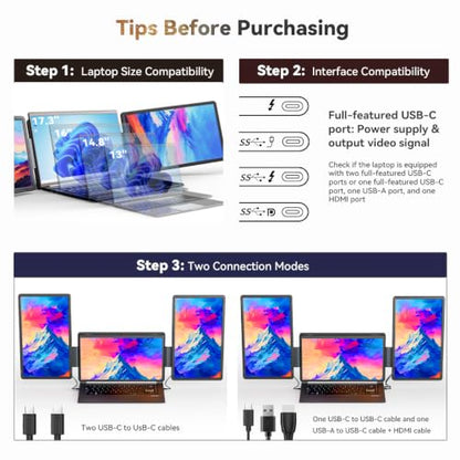Laptop Screen Extender 15.6" Detachable Portable Monitor for Windows | Triple Screen Laptop Monitor Extender for 13-17.3" MacBook (excl. M1 M2 M3) FHD IPS Plug&Play for Travel Business Watch Party - size: 15.6-inch Screen Extender