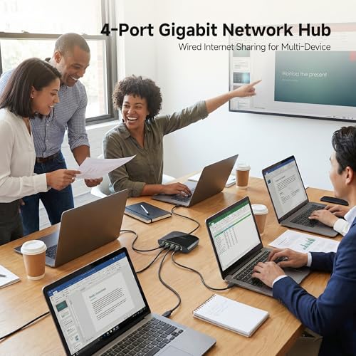 Cable Matters USB C to 4-Port Gigabit Ethernet Switch, TB5/TB4 Compatible | Network Sharing on the Move, Thunderbolt Ethernet Splitter, USB C Gigabit Switch