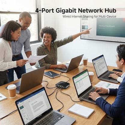 Cable Matters USB C to 4-Port Gigabit Ethernet Switch, TB5/TB4 Compatible | Network Sharing on the Move, Thunderbolt Ethernet Splitter, USB C Gigabit Switch