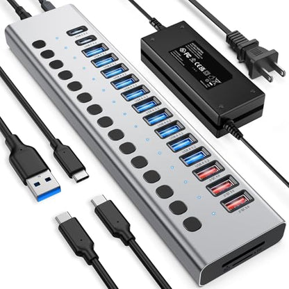 Powered USB Hub 10Gbps, 17 Ports USB 3.2 Hub, 96W Power Adapter | 10 USB-A 3.2, 3 QC 24W Fast Charging, 2 USB-C 3.2, SD/TF, 12V/8A Power Adapter for Laptop, PC, Computer, HDD, Flash Drive - color: Silver
