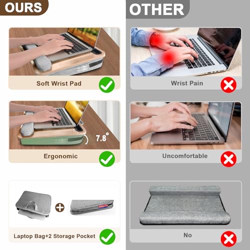 Lap Desk Laptop Bed Table: Home Office Portable Computer Lapdesk with Soft Pillow Cushion and Storage Bag - Wood Wide Writing Padded Tray for Work Gaming on Couch Fits up to 15.6 Inch