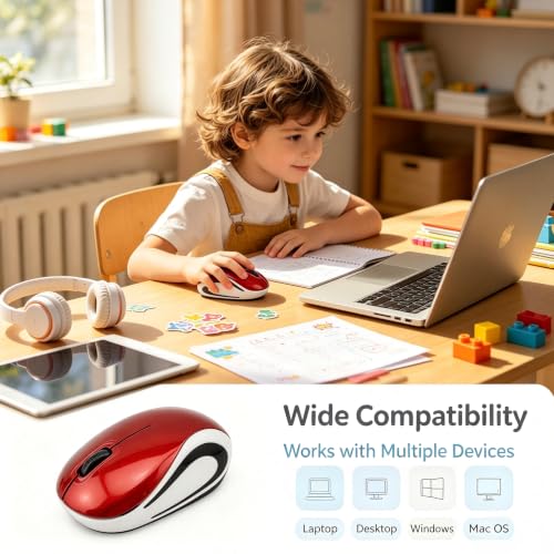 Mini Wireless Mouse, Small Kids Mouse for Home School,Portable Travel Mice Wireless with USB Receiver, 3 Buttons,for PC Laptop Computer(Red) - color: Red