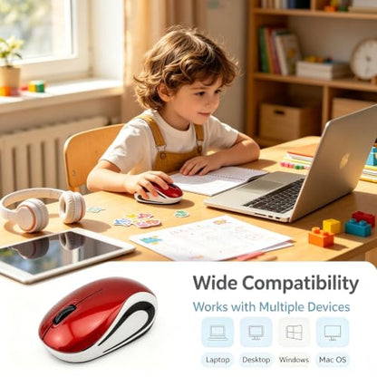 Mini Wireless Mouse, Small Kids Mouse for Home School,Portable Travel Mice Wireless with USB Receiver, 3 Buttons,for PC Laptop Computer(Red) - color: Red
