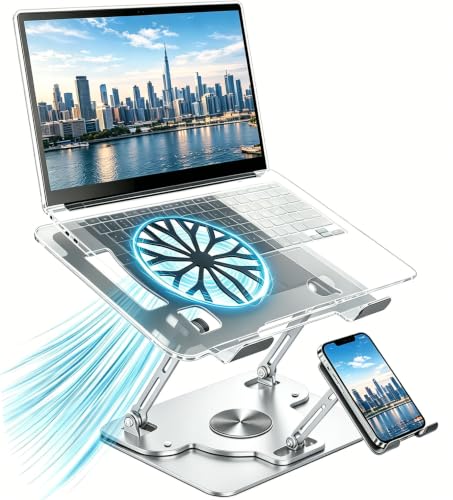 Laptop Stand for Desk with Quiet Cooling Fans - 2-in-1 Rotating Base with Phone Holder, Ergonomic Computer Stand, Aluminum Laptop Riser Foldable for Office Home fits MacBook Air Pro, Dell, HP (silver) - color: white