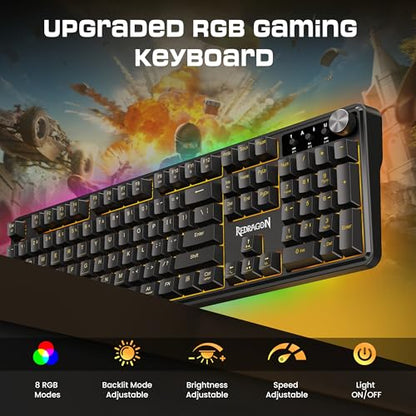 Redragon RM104 Wireless Gaming Keyboard with Knob, Tri-Mode BT/2.4G/USB-C RGB Computer Keyboards, 4000mAh Battery, Programmable Software Support, Anti-Ghosting, Compatible with PC Mac - color: Grayish Black