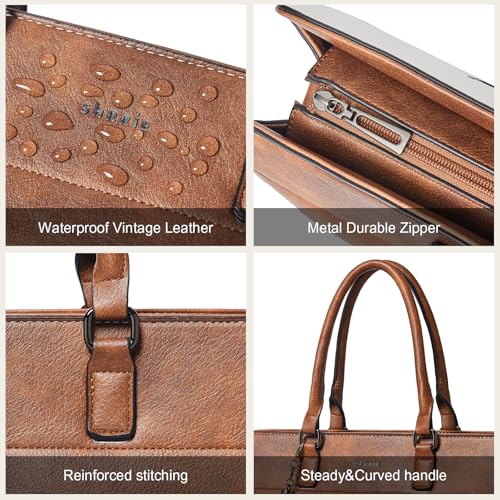 15.6 Inch Laptop Tote Bag with Clutch Purse for Women | Water-Resistant Vegan Leather Computer Briefcase with Satchel Purse,Professional Business Tote,Casual Handbag,Work Office - color: Beige With Brown