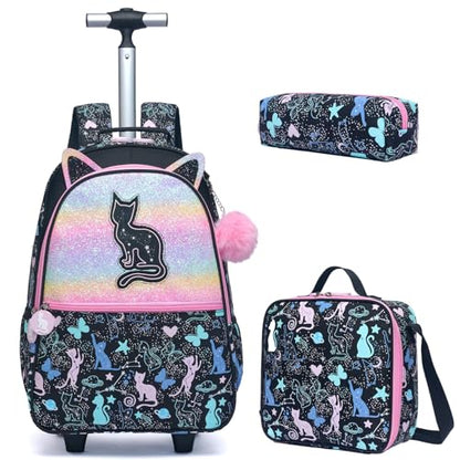 Rolling Backpack with Wheels for Girls Kids,Lightweight Wheeled School Backpack with Pencil Case,Cute Bookbag for Students - color: Black Star Cat