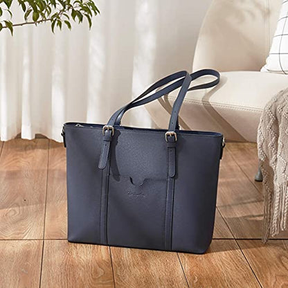 BOSTANTEN Genuine Leather Laptop Bag for Women 15.6'' Briefcase Tote Bags | Laptop Compartment, Structured, Professional, Detachable & Adjustable Shoulder Strap, Metal Feet, Work, Office, Business - color: J-cross Pattern Blue