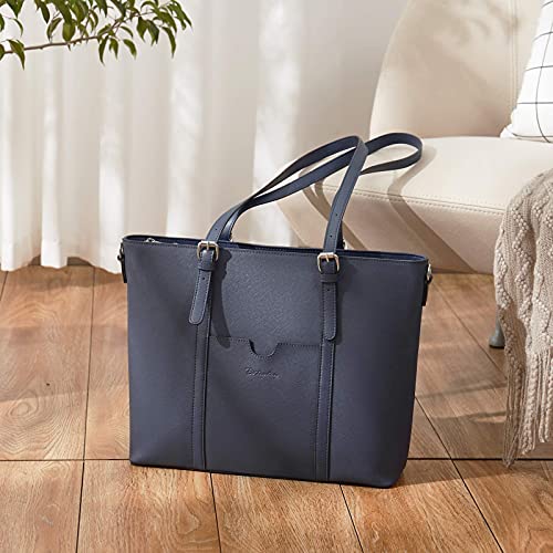 BOSTANTEN Genuine Leather Laptop Bag for Women 15.6'' Briefcase Tote Bags | Laptop Compartment, Structured, Professional, Detachable & Adjustable Shoulder Strap, Metal Feet, Work, Office, Business - color: J-cross Pattern Blue