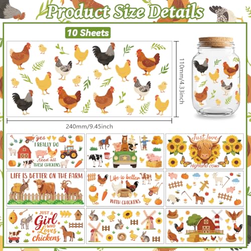 Peacoblue UV DTF Cup Wraps Transfer Stickers Farm Animals and Chickens Pattern, 10 Sheets Waterproof Custom Vinyl Transfer Sticker 16oz Coffee Glass Cup Tumbler Bottle Mug Decals for Men Women - style: Farm Animals and Chickens