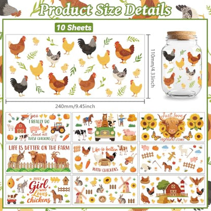 Peacoblue UV DTF Cup Wraps Transfer Stickers Farm Animals and Chickens Pattern, 10 Sheets Waterproof Custom Vinyl Transfer Sticker 16oz Coffee Glass Cup Tumbler Bottle Mug Decals for Men Women - style: Farm Animals and Chickens
