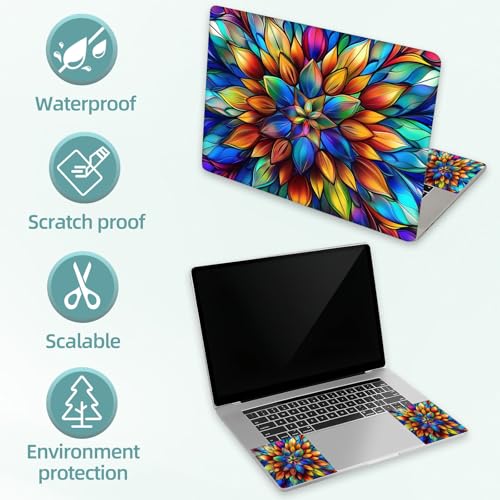 Universal Laptop Skin Decal, 3-Piece Vinyl Protector for 12 13 14 15.6" Notebook, Waterproof Anti-Scratch, Easy Trim & Bubble-Free Finish, Stained Glass Flower Pattern - color: Stained Glass Flower Pattern