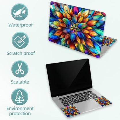 Universal Laptop Skin Decal, 3-Piece Vinyl Protector for 12 13 14 15.6" Notebook, Waterproof Anti-Scratch, Easy Trim & Bubble-Free Finish, Stained Glass Flower Pattern - color: Stained Glass Flower Pattern