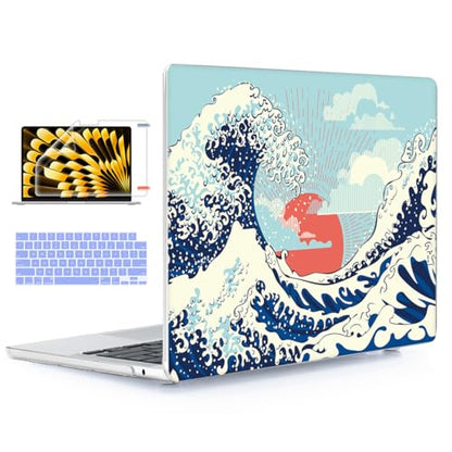 for MacBook Air 15 inch Case 2026-2023 Release M5 A3448 M4 A3241 M3 A3114 M2 A2941 Liquid Retina Display, Hard Shell Case with Keyboard Cover+Screen Film+Trackpad Film, Great Wave - color: Great Wave