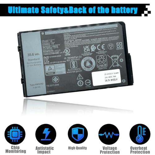 35.6Wh 6WVHD Laptop Battery Replacement for Dell Latitude 7230 Rugged Extreme Tablet T06H T06H001 Series Notebook FNW8F VDDJY 0VDDJY JM6CX 0JM6CX 451-BDDY 7.6V 4457mAh - size: 4.1*2.3*0.3 inch 6WVHD