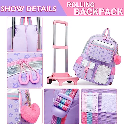 Meetbelify Backpack with Wheels for Girls Rolling Backpack Cute Carry on Backpack for Elementary Student - color: Purple