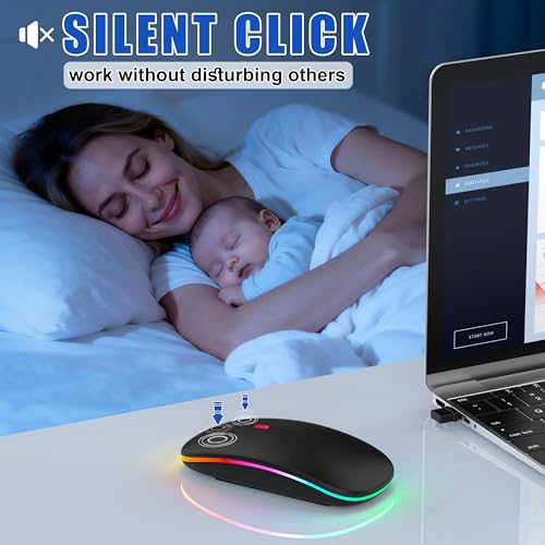 Gizdot-R1 LED Mouse for MacBook Air/iPad/Laptop, Bluetooth Rechargeable Silent Mouse with USB-C, Built-in Mouse Jiggler, 4-Mode Wireless Mouse Compatible with macOS/iOS/Windows/Android - color: Black