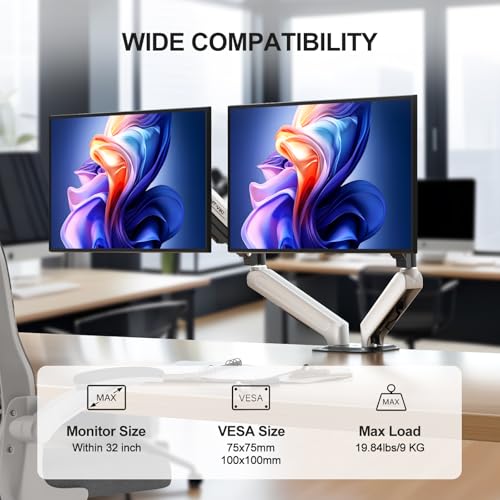 MT-VIKI Dual Monitor Stand - Gas Spring Double Monitor Arm with Quick Release VESA Plates for 2 Screens 17-32 Inch, Full Motion Articulating Desk Mount, Holds 4.4-19.8lbs - size: Dual Arm