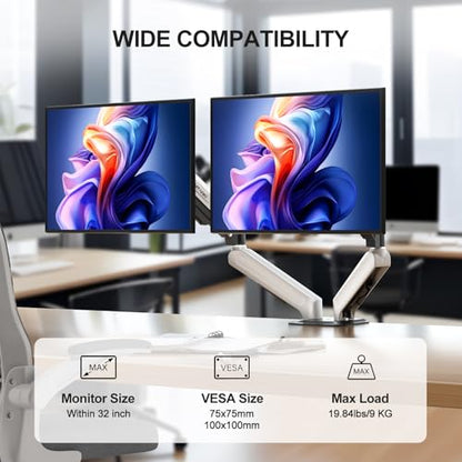 MT-VIKI Dual Monitor Stand - Gas Spring Double Monitor Arm with Quick Release VESA Plates for 2 Screens 17-32 Inch, Full Motion Articulating Desk Mount, Holds 4.4-19.8lbs - size: Dual Arm