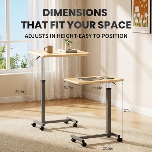WOTURE Pneumatic Adjustable Overbed Bedside Table with Wheels - Hospital & Home Use, Medical Bed Table, Mobile Standing Desk, Rolling Laptop Cart, Non Tilt Surface(23.6" L x 15.7" W, Maple) - color: Maple