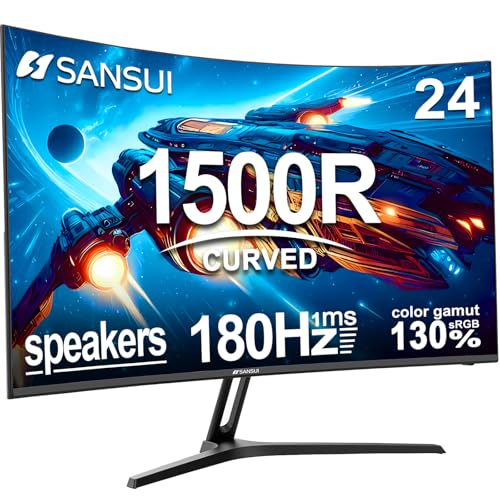 SANSUI 24 Inch Curved Gaming Monitor up to 180Hz MPRT 1ms with Built-in Speakers,FHD 1080P Computer Monitor Freesync 130% sRGB HDR,HDMI DP Ports VESA Mount Metal Stand(ES-G24C1 HDMI Cable Included) - size: 24.01