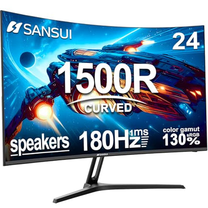 SANSUI 24 Inch Curved Gaming Monitor up to 180Hz MPRT 1ms with Built-in Speakers,FHD 1080P Computer Monitor Freesync 130% sRGB HDR,HDMI DP Ports VESA Mount Metal Stand(ES-G24C1 HDMI Cable Included) - size: 24.01