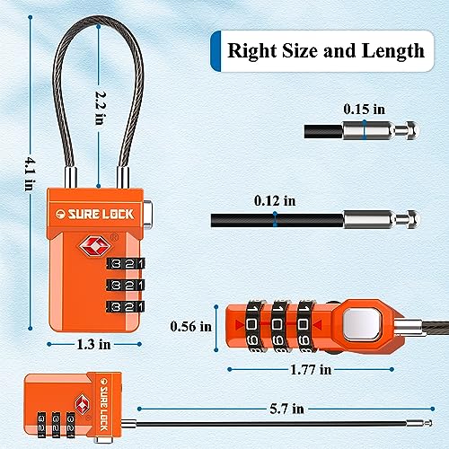 SURE LOCK TSA Approved Luggage Locks with Open Alert Indicator, 3 Digit Combination Cable Travel Lock for Suitcase, Backpack, Gym Locker, Toolbox, Carry On & Travel Bag - color: ORANGE 2 PACK