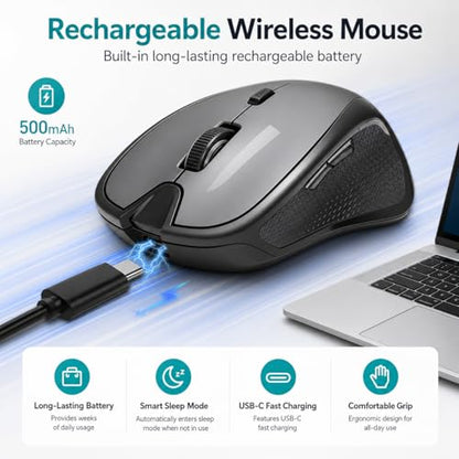 2026 Upgraded Rechargeable Bluetooth Mouse with Built-in Jiggler, USB-C Wireless Mouse for MacBook, iPad & PC, Bluetooth 5.2/3.0 & 2.4G USB-C/USB-A, Silent Ergonomic Mouse for Office Work - Gray - color: Gray