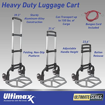 Ultimaxx Professional Heavy-Duty 150 Pound (lb) Capacity Aluminum Folding Hand Truck/Luggage Cart (Black/Silver) with Adjustable Handle, Folding Away Wheels, and Bungee Cord - style: Professional