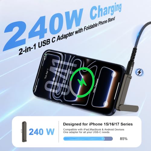 240W USB-C 90°Degree Invisible Phone Stand with USB C Adapter,2Pack 2 in 1 Type C Male to Female Adapter with Foldable Phone Desk Stand Holder for iPhone 17 Pro Max/16/15/Samsung/Pixel/Gaming