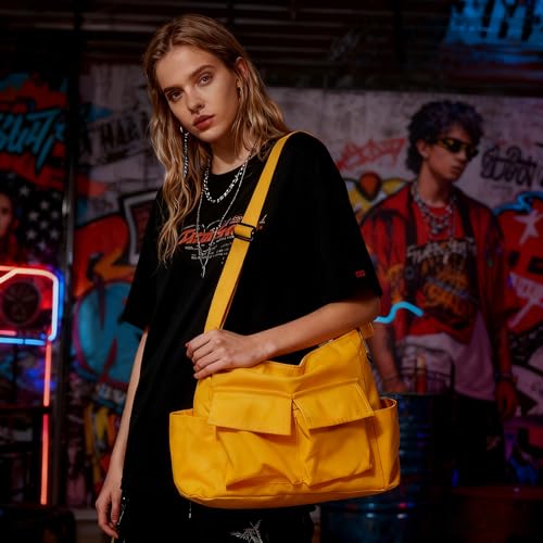 Canvas Messenger Bag Large Hobo Crossbody Bag with Multiple Pockets Casual Shoulder Tote Bag for Women and Men - color: Yellow