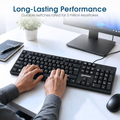 Manhattan Wired Computer Keyboard – Basic Black Keyboard - with 4.5ft USB-A Cable, 104-keys, Foldable Stands - Compatible for Windows, PC, Laptop - 3 Yr Mfg Warranty – 179324 - color: Black