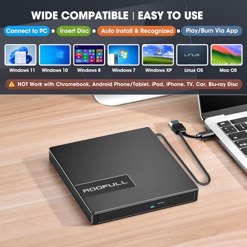 ROOFULL External CD DVD Drive with 4 USB Port & 2 SD Card Slot & Case | 8 In 1 USB-C 3.0 Optical Disk Drive CD DVD Player Burner Reader Writer for Laptop PC MacBook, Windows Linux Mac OS, RF40-SU - style: 8 In 1 Drive + Carrying Case