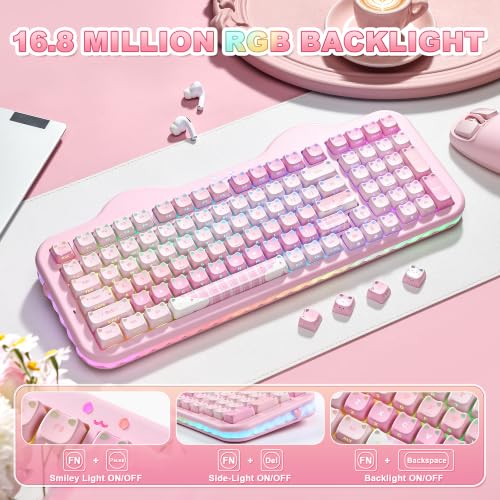 YUNZII C98 Cute Wireless Mechanical Keyboard(Pink Mao, Milk Switch) | Cake Keyboard,99 Keys with Number Pad, MAO Keycaps, BT5.0/2.4G/USB-C,Hot Swap, Gasket Mount, Custom RGB Backlight for Win/Mac - color: Pink MAO, size: Milk V2 Linear Switch