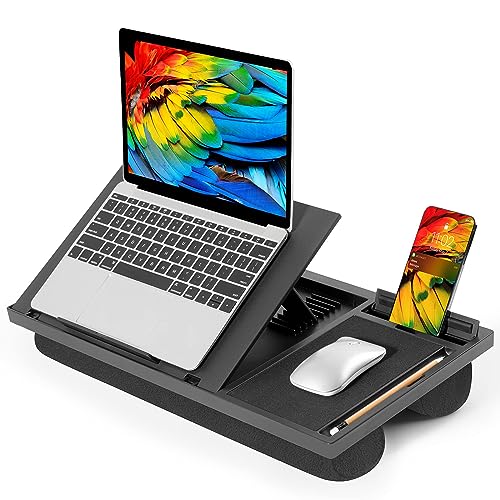 Laptop Lap Desk with 8 Angles – Up to 15.6" Laptop, Black | Built-in mouse pad, phone & pen slots, dual-cushion base, anti-slip design, raises the screen, for home office, bed, sofa - color: Black